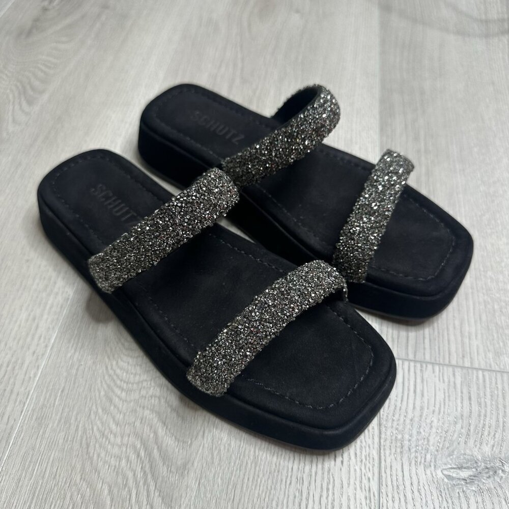 Schutz Glammy Suede Slip On Sandal Double Jewel Encrusted Straps Y2K 90s Glitter